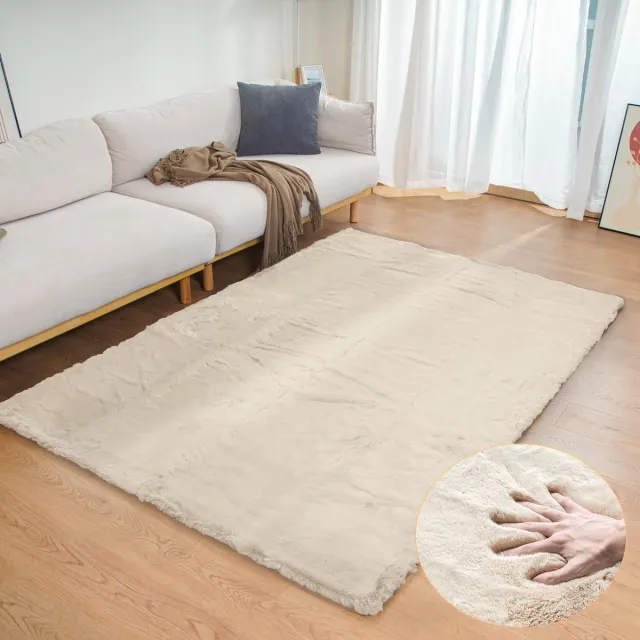 Famanu Pluizig vloerkleed van zacht konijnenbont, 120 x 180 cm, beige, perfect voor slaapkamer of woonkamer
