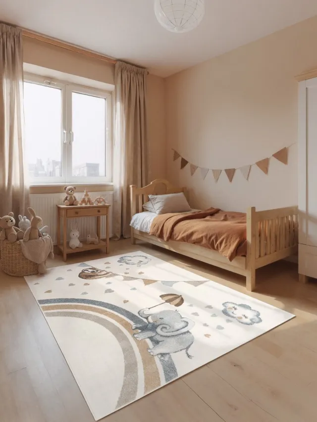 Villeroy & Boch Kindervloerkleed Elephant Rainy Party - Creme / Kleurrijk - Laagpolig Vloerkleed Kinderkamer - 160x230 cm