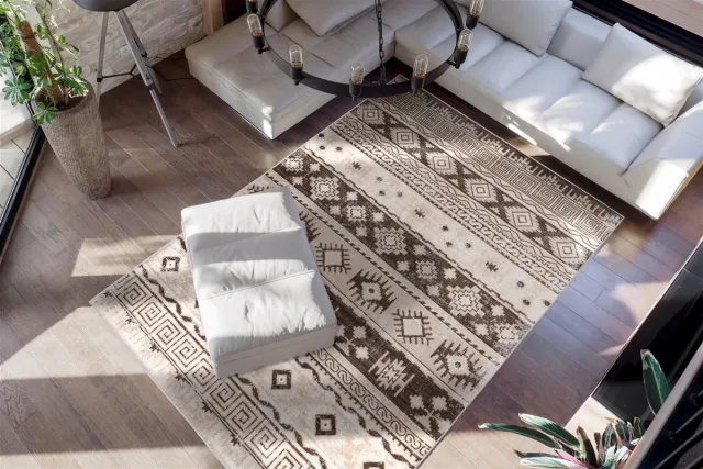 Padiro elegant laagpolig vloerkleed 120 x 170 cm - lichtbeige - vintage etnisch patroon - voor vloerverwarming - van polypropyleen en jute