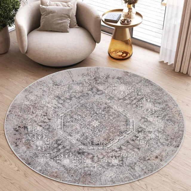 Tapiso Valley Rond Vloerkleed Lichtgrijs Vintage Laagpolig Tapijt Maat- 120x120 Grijs Beige