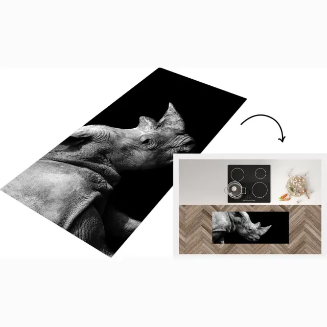 KitchenYeah Keukenloper - Loper keuken - Portretfoto neushoorn op zwarte achtergrond in zwart-wit - Keukenloper vinyl Zwart; Wit