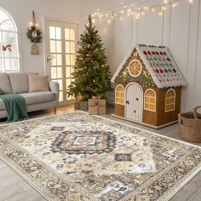 OLANLY Vintage Vloerkleed - Beige - Laagpolig Tapijt Woonkamer - 153x214 cm