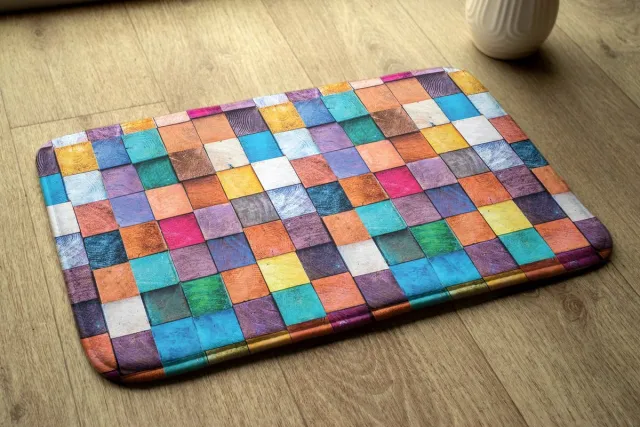 Coloray Vloerkleed voor Kinderkamer - Blauw Slaapkamer Tapijt - Kleurrijke Houten Kubussen Vloerkleed Voor Slaapkamer - Oranje Accenten Tapijt - Polyester Klein Vloerkleed - 75x45 cm Blauw - Kleurrijke Houten Kubussen