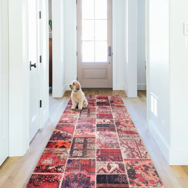 Netline Home Vloerkleed | Wasbaar Vloerkleed | Patchwork Vloerkleed | Antislip | Wasbaar Tapijt voor Keuken, Slaapkamer, Hal, Woonkamer | Vloerkleed Oosters Design Tapijt | Laagpolig(80X300) rood