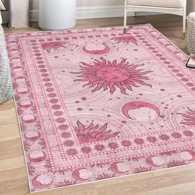 ABAKUHAUS Vloerkleed - Woonkamer Tapijt – zon en maan – Hoogpolig – 60 x 152 cm – magenta
