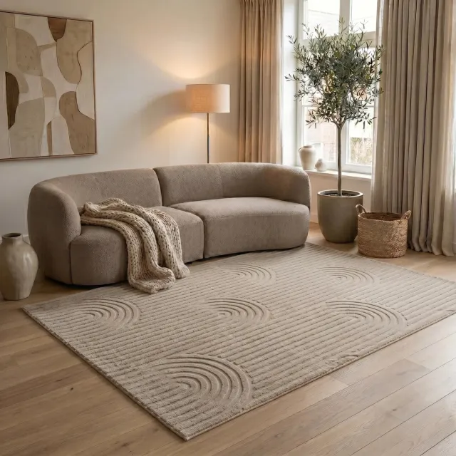 flycarpets Eve Japandi Taupe Vloerkleed - Laagpolig Tapijt Woonkamer - Zacht en Fluffy - 160x230 cm