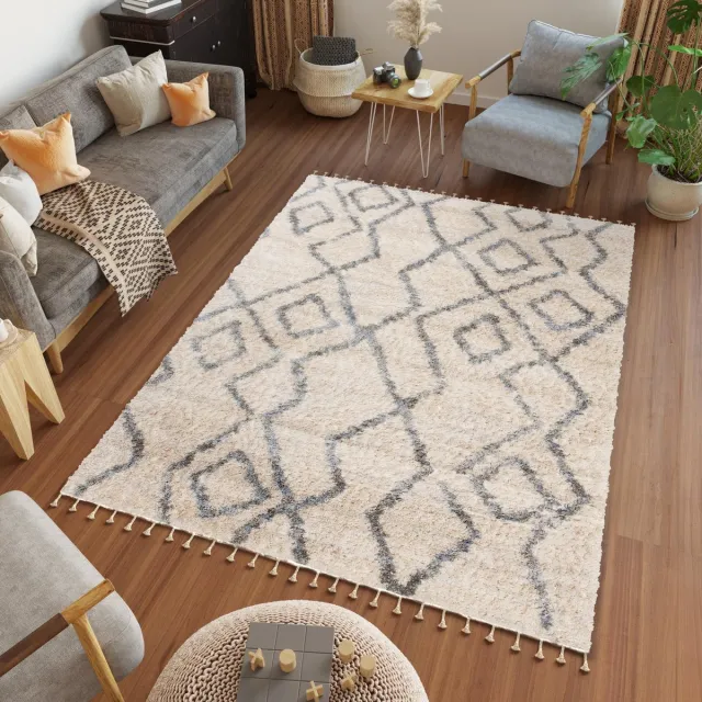 Tapiso Versay Fringes Vloerkleed Hoogpolig Shaggy Boho Tapijt Beige Grijs1