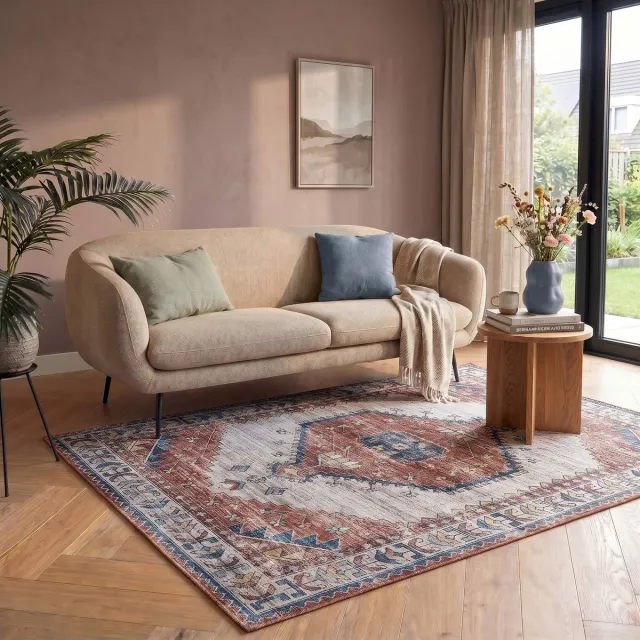 flycarpets Burano Vintage Vloerkleed - Terra / Blauw - Laagpolig Tapijt Woonkamer - 160x230 cm Oranje