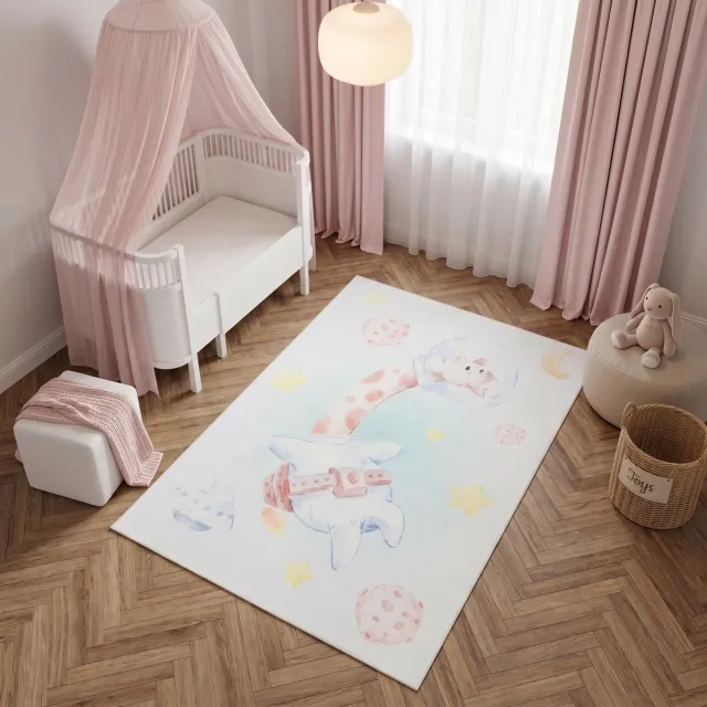 Tapiso Kids Kindervloerkleed Giraf Astronaut Ruimte – Zacht Babykamertapijt Sterren Roze Aquarel – Antislip Wasbaar 180x250