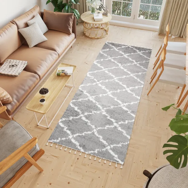 Tapiso Boho Loper Grijs Kwastjes Hoogpolig Trellis Modern Woonkamer Vloerkleed, foto 5