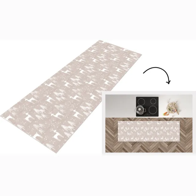 KitchenYeah Keukenloper - Loper keuken - Patronen - Hert - Wit - Beige - 180x60 cm - Keukenloper vinyl Multicolor