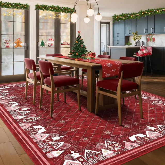 Triumpunpre Kerst Vloerkleed 140x200 cm - Groot Kersttapijt Sneeuwhuis en Sterrenhemel Rood - Zacht Wasbaar voor de Woonkamer