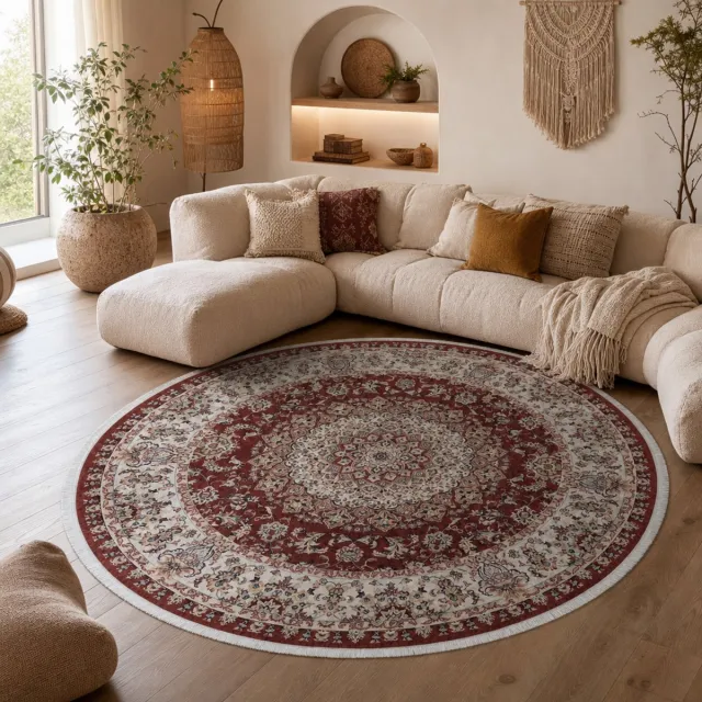 Muratap Star Rond Klassiek Oosters Vloerkleed Wasbaar Rood Creme- 200 CM Ø