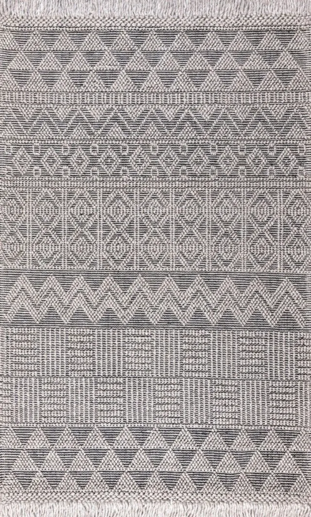 Nourison Anya 01Grey Black Vloerkleed - 160 x 220 cm - Grijs - Rechthoekig - Wol - Woonkamer - Etnisch, Geometrisch, Strepen - Boho, Modern