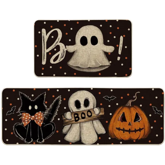 Peysaitr Halloween Tapijt Set 2 stuks – Badkamer - en Keukenmat met Griezelige Geesten – Zachte Bademat voor Slaapkamer, Woonkamer, Entree en Balkon Zwart