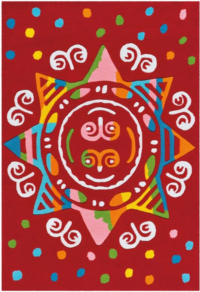 Padiro speels kindervloerkleed 110 x 160 cm - bordeaux - speels kindermotief - met zonmotief - voor vloerverwarming - van modacryl, polyester en katoen rood