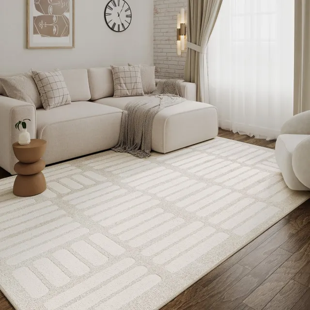 Tapiso Terra Vloerkleed - Geblokt Geometrisch Patroon - Woonkamer & Slaapkamer - Laagpolig Tapijt met 3D-Effect - Crème Beige Wit - OEKO-TEX 120x170 Creme Wit3