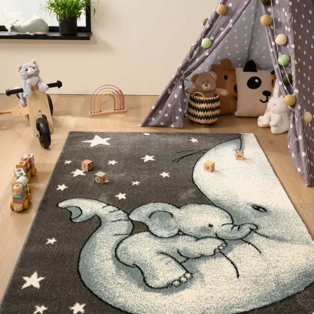 Tapeso Kindervloerkleed olifant - Adventures grijs/blauw 140x200