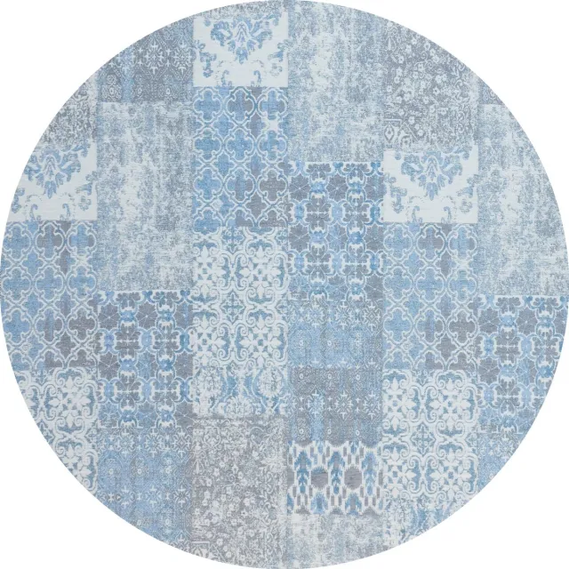 Gínore Vintage rond vloerkleed - Patchwork - Tapijten woonkamer - Sunrise blauw - 200cm ø Lichtblauw