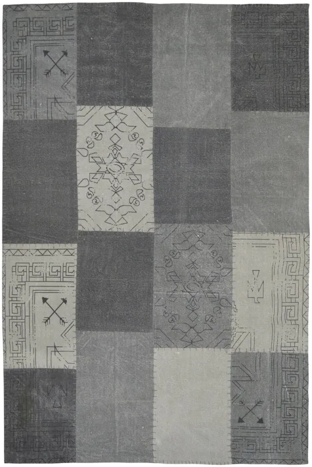 Padiro design laagpolig vloerkleed 120 x 170 cm - donkergrijs - patchworkontwerp - met grote rechthoekige vlakken en vintage-ornamenten - voor vloerverwarming - van katoen
