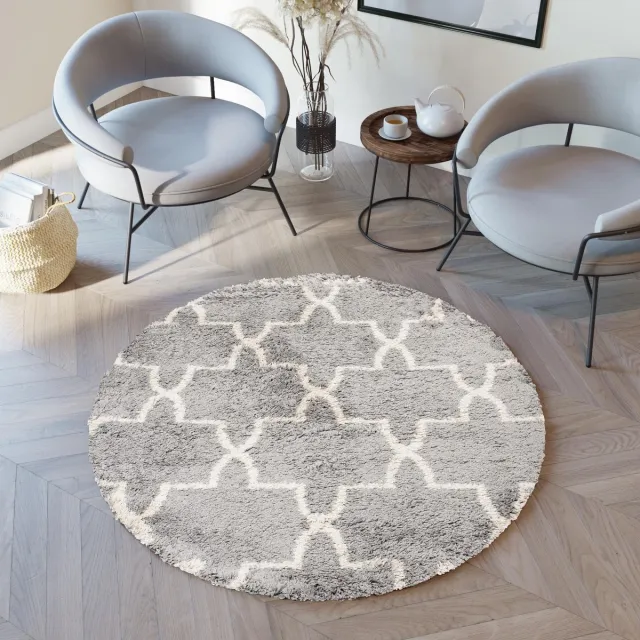 Tapiso Boho Vloerkleed Rond Grijs Beige Shaggy Bohemian Design Duurzaam Slaapkamer Woonkamer Hal Grijs Creme