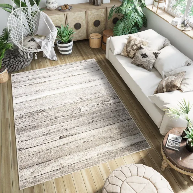 Tapiso Petra Vloerkleed Houten Kleed Woonkamer Tapijt Maat- 140x200 Lichtbeige 2