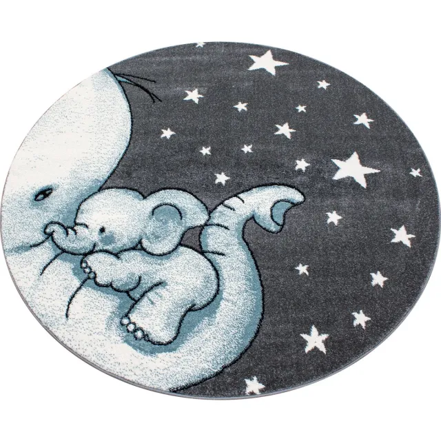 flycarpets Flycarpets - Kids Kinderkamer Olifant Blauw Vloerkleed Rond - 160x160 cm Grijs
