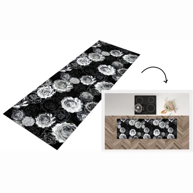 KitchenYeah Keukenloper - Loper keuken - Rozen - Zwart Wit - Patronen - 180x60 cm - Keukenloper vinyl Zwart; Wit