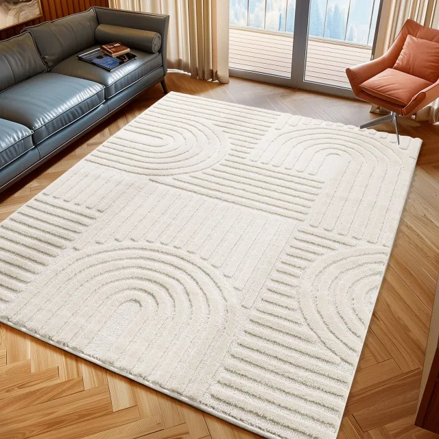 Moonay Kiyaro Lino Vloerkleed Crème 280 x 370 cm - Japandi Scandinavisch - Geometrisch 3D Reliëf - Hoog- en Laagpolig Creme