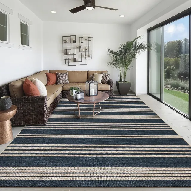 Danky Modern Vloerkleed Linnen Look 200x290 cm Marineblauw - Opvouwbaar Kleed met Antislip Onderkant