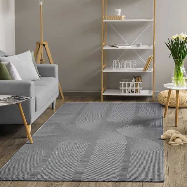 the carpet Lima – modern vloerkleed, duurzaam & onderhoudsvriendelijk, wasbaar, gerecycled polyester, 3D-patroon, grijs, 80 x 150 cm grijs met gebogen 3D-lijnen