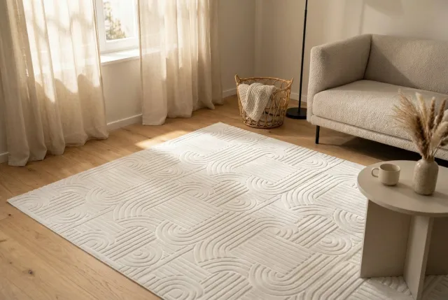 Padiro stijlvol laagpolig vloerkleed 200 x 290 cm - lichtgrijs - modern Japandi ontwerp - voor vloerverwarming - van polyester en katoen