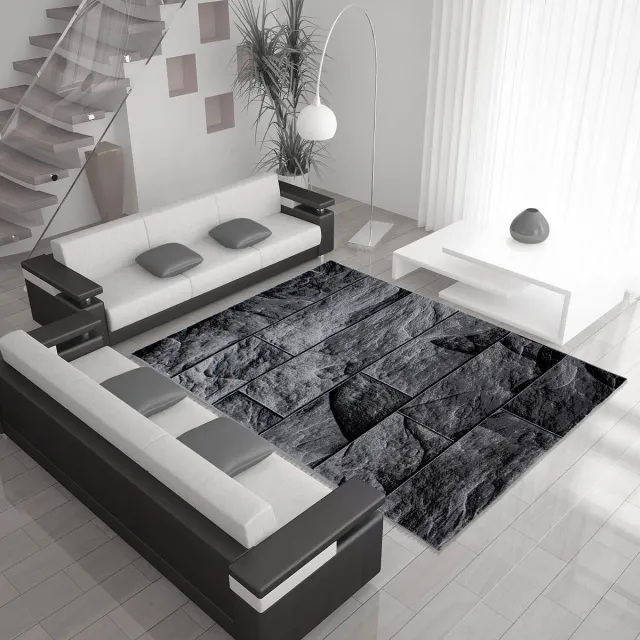 Ayyildiz Laagpolig vloerkleed met 3D-houtdesign, zwart, geschikt voor de woonkamer, met jute achterkant, afmeting: 80 x 300 cm