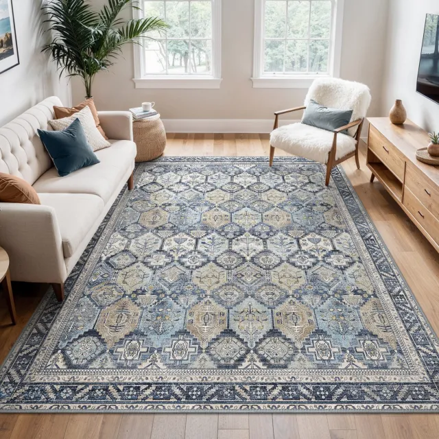 GENIMO Tapijt -Woonkamertapijt met vintage boho-design-Antislip en wasbaar-Vloerkleed voor woonkamer en eetkamer-Blauw