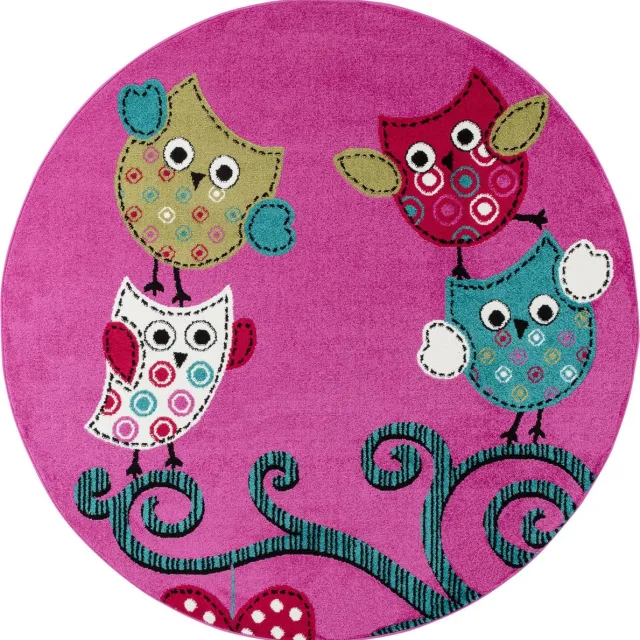 flycarpets Flycarpets - Kids Kinderkamer Uil Paars Vloerkleed Rond Roze