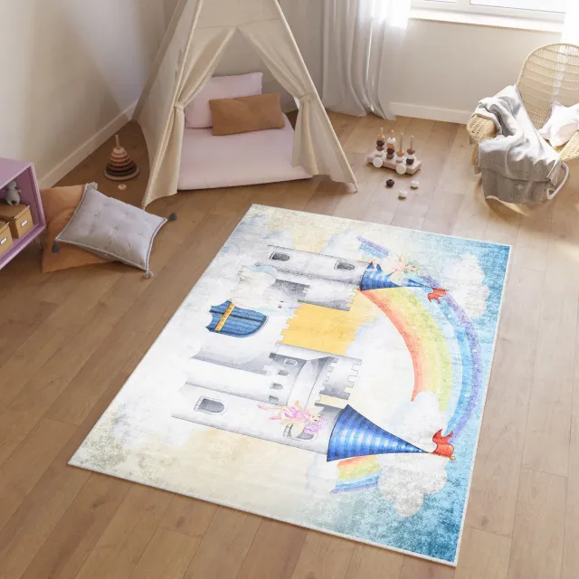 Tapiso Emma Vloerkleed Kinderkamer Babykamer Kleed Meisje Speelmat- 120x170 Beige Blauw