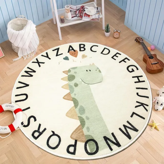Tapis Design dinosaurus tapijten, zacht schattig kindertapijt laagpolige kinderkamer tapijt jongens meisjes slaapkamer tapijt antislip wasbaar kinderen tapijten voor speelkamer, Rond tapijt 120cm beige