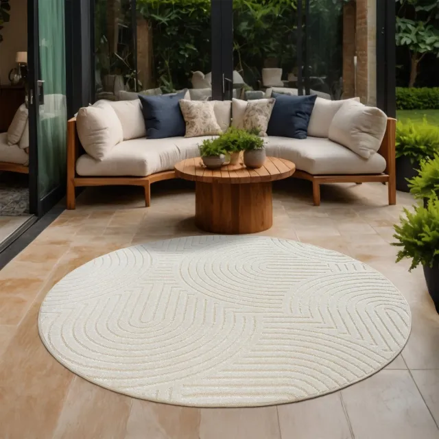 Muratap Berlin Outdoor - Japandi - Rond - Creme - Vloerkleed Binnen en Buiten - Laagpolig Tapijt Tuin- 150 CM ROND