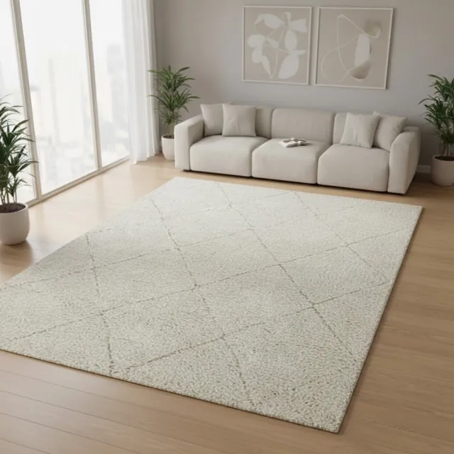TapisTrend Harig tapijt Crème 160x230 cm Hoogpolig vloerkleed met een groot ruitpatroon voor de woonkamer, slaapkamer en ontspanningsruimte Beige