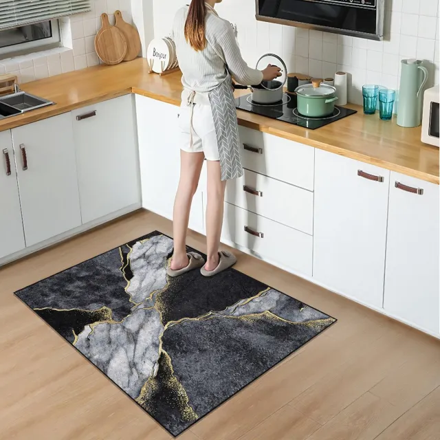 De Groen Home Keukenloper 80x120cm - NATURA COLLECTIE Marmer patroon - Wasbaar Antislip Zacht Tapijt - Halloper - Vloerkleed Donkerblauw & Zwart