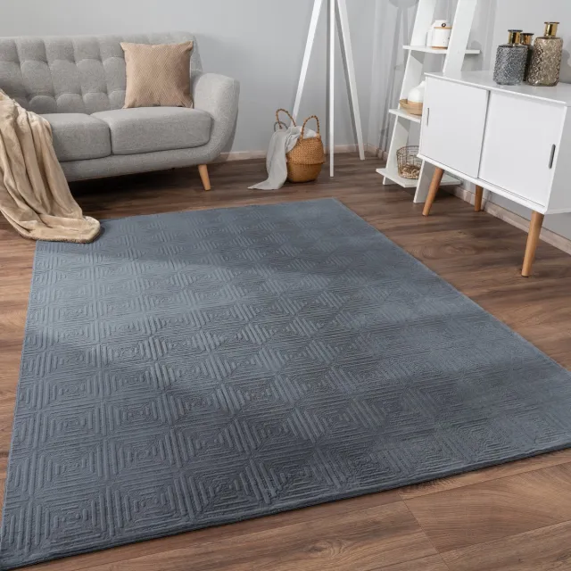 flycarpets Zacht fluffy vloerkleed - Lely Geblokt Antraciet - Laagpolig Tapijt Woonkamer / Slaapkamer / Kinderkamer