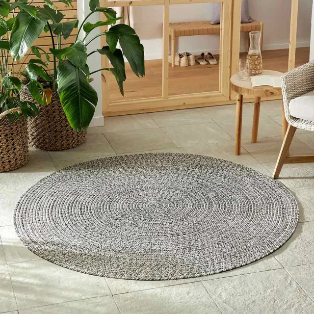 flycarpets Trenzado Rond Binnen- en buitenkleed Gemeleerd - Jute Look - Vloerkleed Buiten / Tuintapijt - Laagpolig Grijs