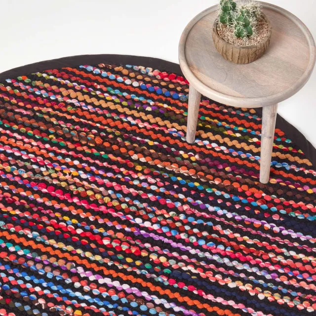 Homescapes Rond voddenkleed Folk 150 cm – handgeweven Chindi-kleed met kleurrijke strepen Kleurrijk Veelkleurig