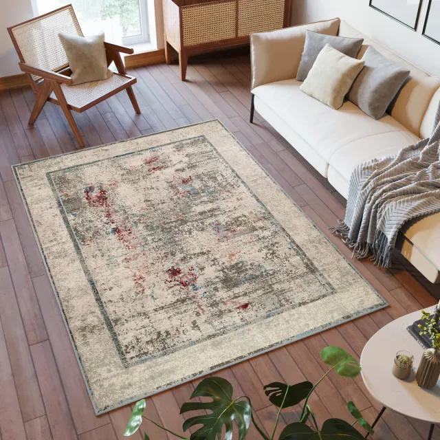 Tapiso Retro Vloerkleed Grijs Rood Blauw Frame Modern Tapijt Beige 2