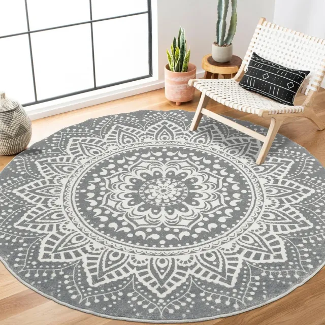 Pauwer Zacht rond tapijt, 120 cm, wasbaar, antislip, woonkamertapijt, shaggy pluizig klein bedtapijt, slaapkamer, boho, hoogpolig, donkergrijs