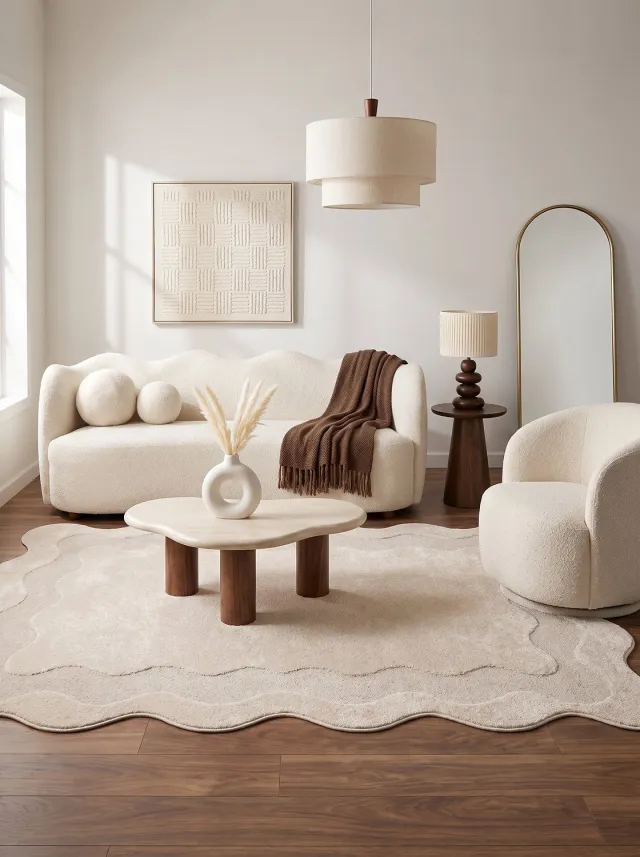 Tapiso Terra Vloerkleed - Organische Vorm met Golvende Rand - Woonkamer Slaapkamer - Laagpolig Tapijt - 3D-Effect - Beige - OEKO-TEX
