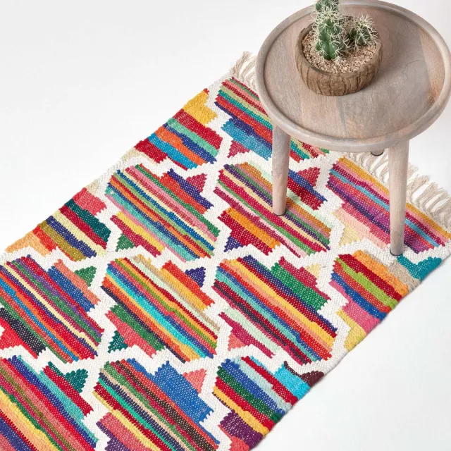Homescapes handgeweven kelimkleed Amsterdam met geometrisch patroon van 100% katoen, kleurrijk, 66 x 200 cm Kleurrijk: Rood, Geel, Oranje, Groen, Blauw, Wit