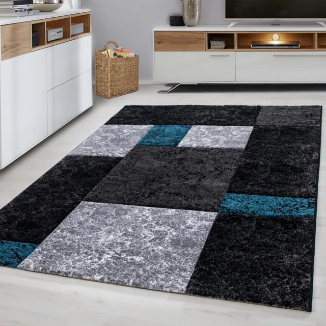 Ayyildiz Laagpolig vloerkleed met ruitpatroon, turquoise kleur, geschikt voor de woonkamer, met een jute achterkant, afmetingen: 240 x 340 cm Grijs/Zwart/Blauw