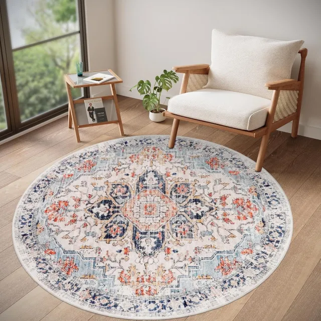 Homcomodar Rond Tapijt Slaapkamer 120cm Vintage Blauw Tapijt Wasbaar Antislip Vloerkleed Rond voor Woonkamer Kinderkamer Eetkamer Kantoor