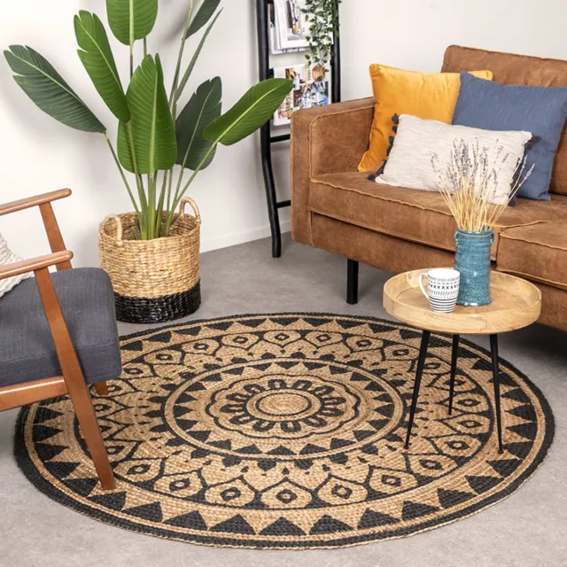 Fraai Rond jute vloerkleed - Henna Ayda Naturel | 100% jute - Ø 120cm Zwart